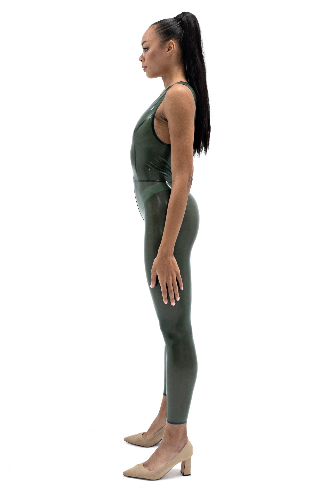 Semi-transparent Olive Latex Sleeveles Catsuit - Elinlatex