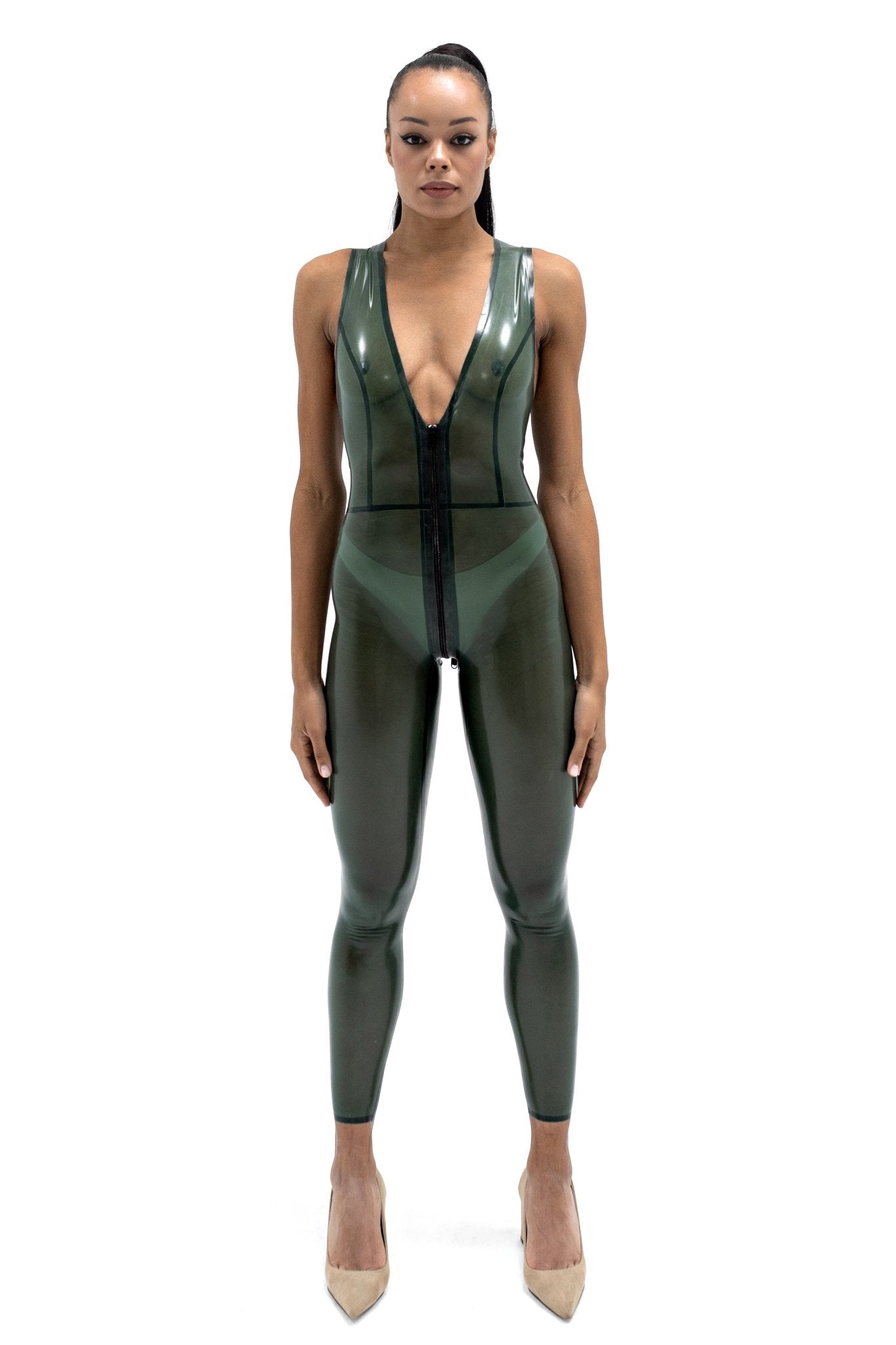 Semi-transparent Olive Latex Sleeveles Catsuit - Elinlatex