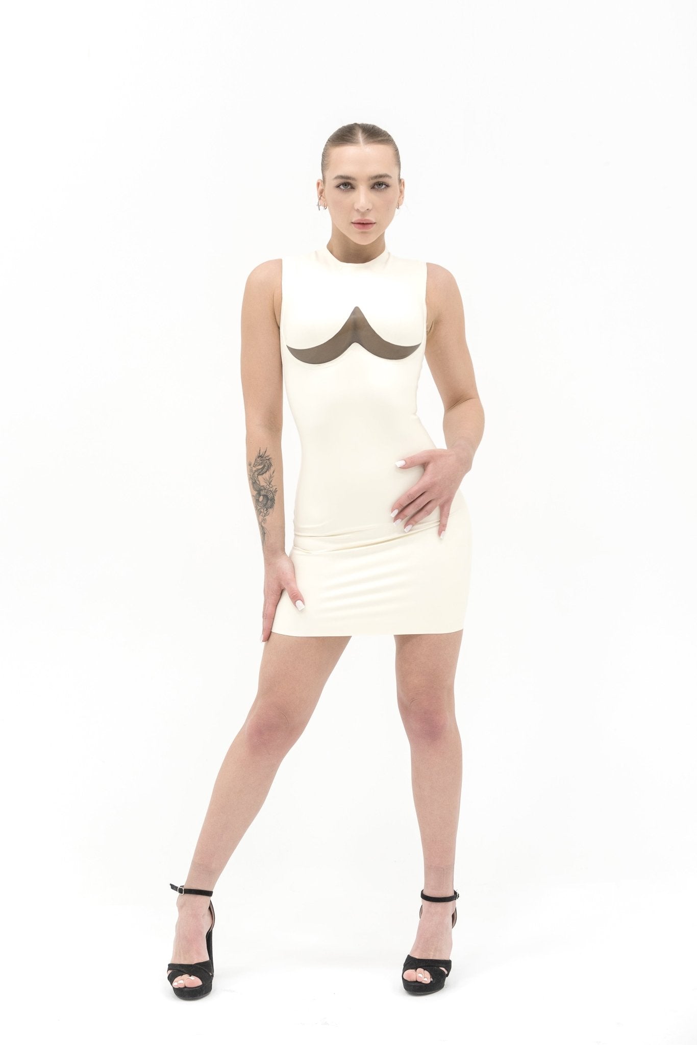 Sleeveless latex dress with the transparent insert - Elinlatex