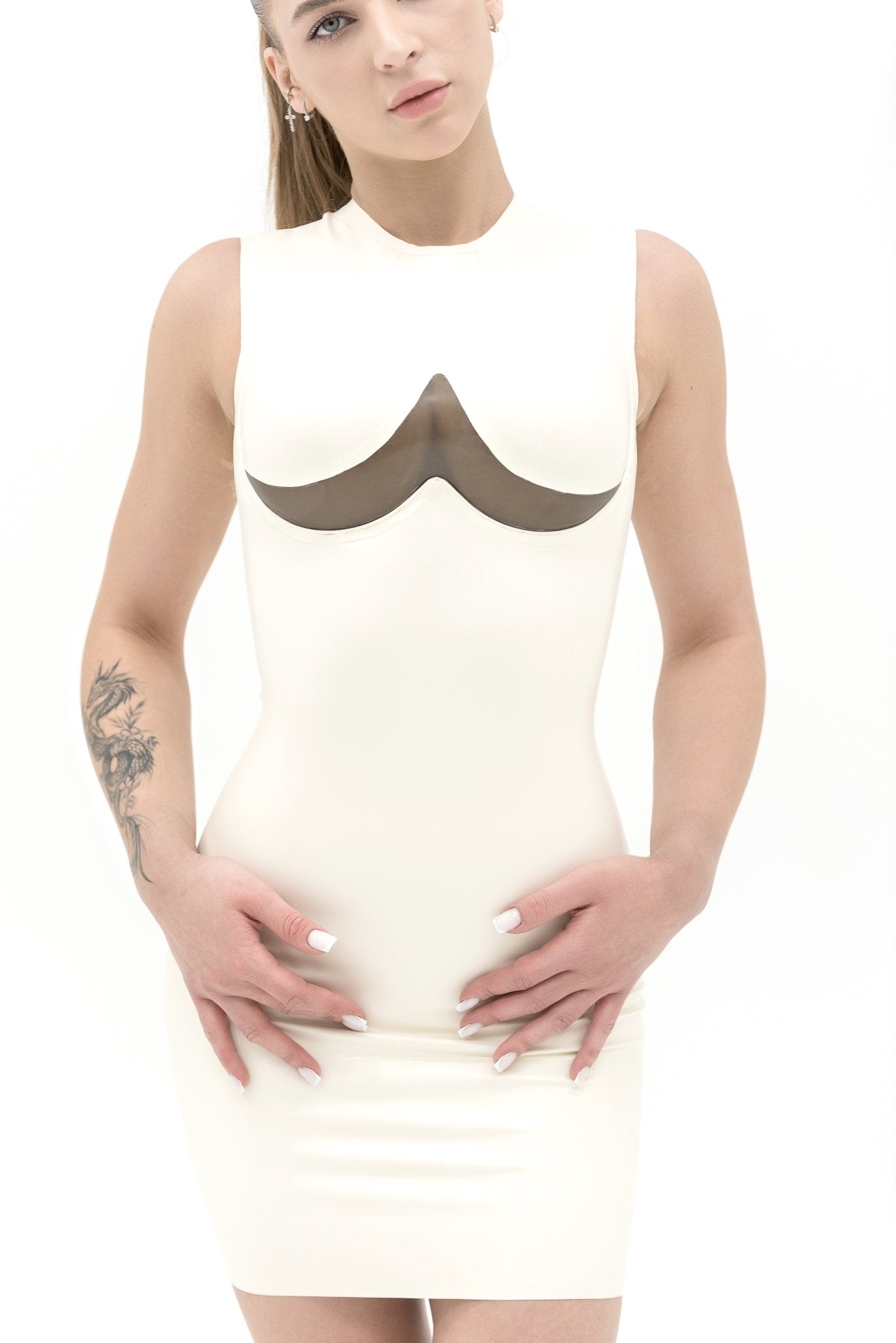 Sleeveless latex dress with the transparent insert - Elinlatex