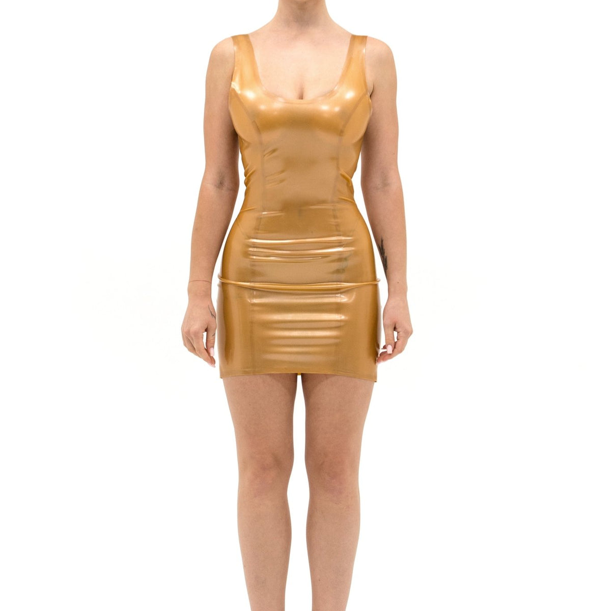 Translucent Latex Mini Dress. Metallic Gold