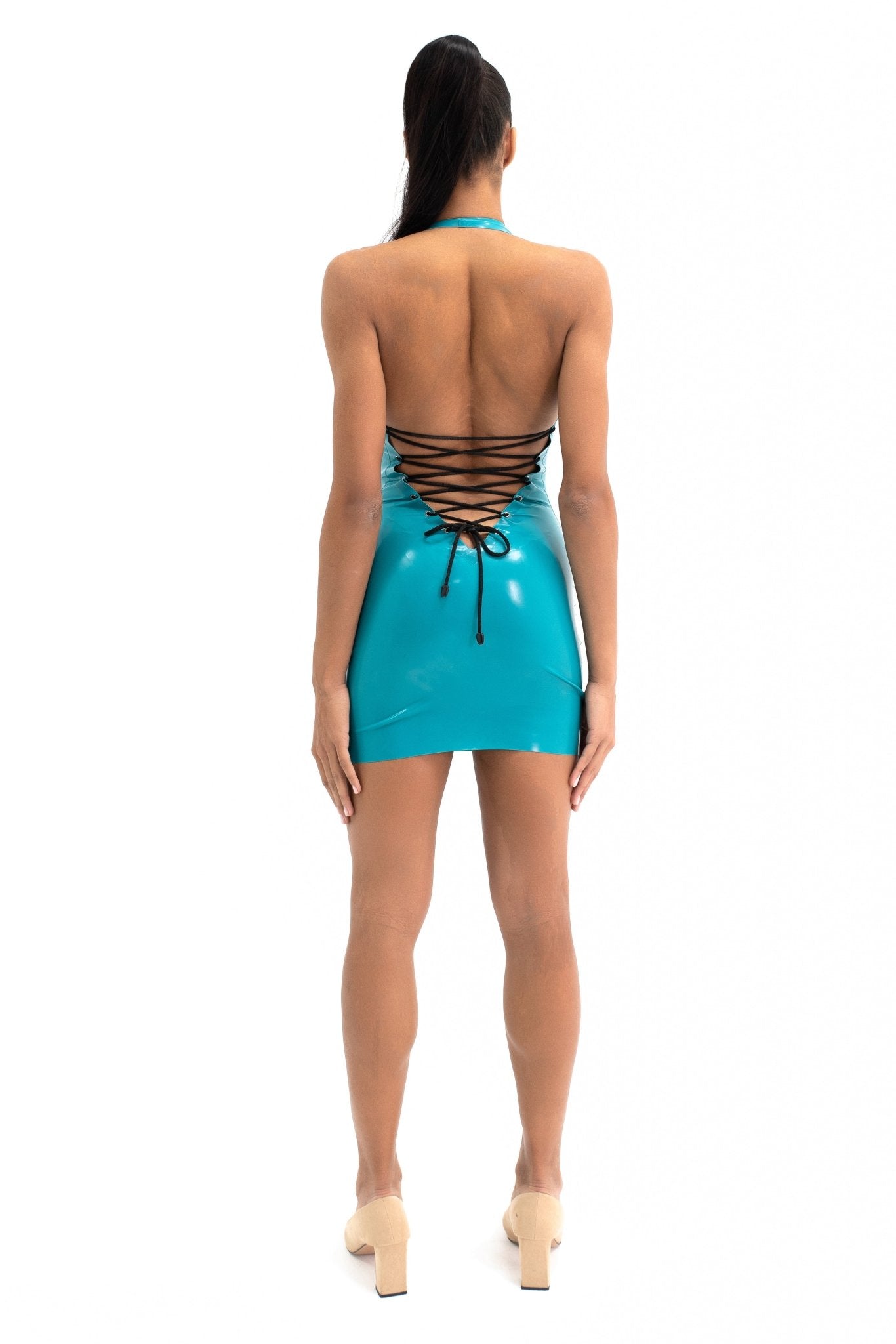 Turquoise Open Back Lace-Up Dress - Elinlatex