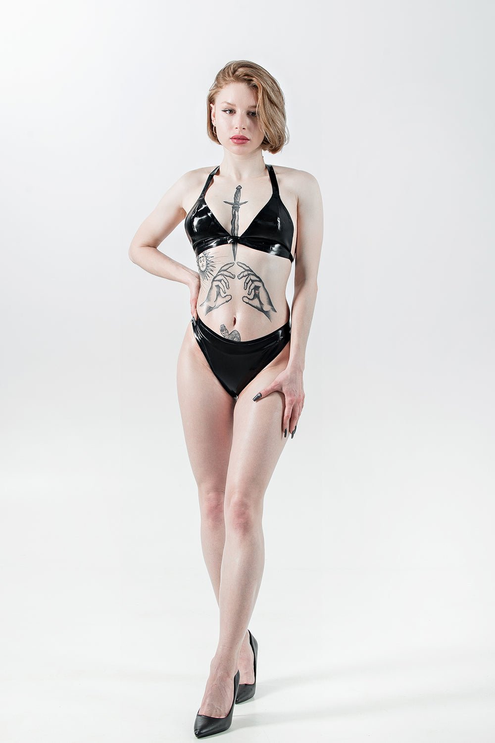 Two-pieces set of latex lingerie, latex bra, latex panties. Black - Elinlatex