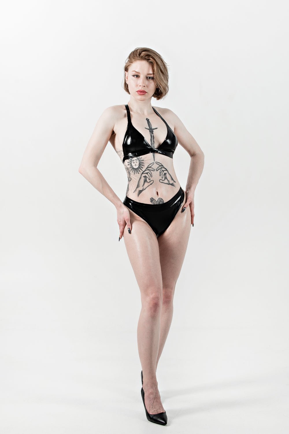 Two-pieces set of latex lingerie, latex bra, latex panties. Black - Elinlatex