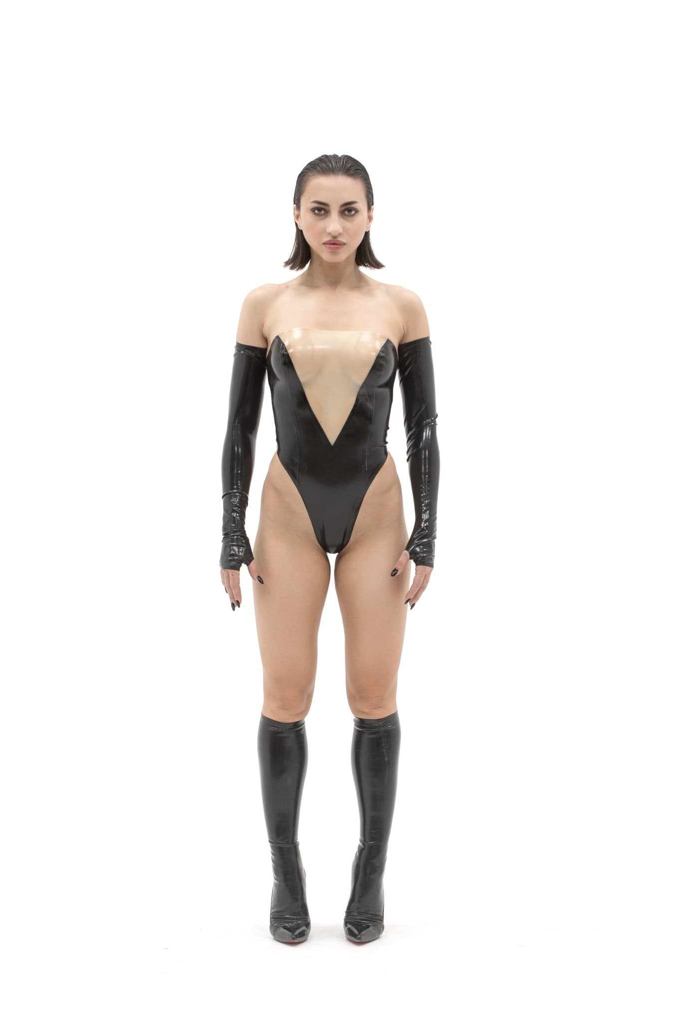 V-cut Latex Zipper Bodysuit - Elinlatex