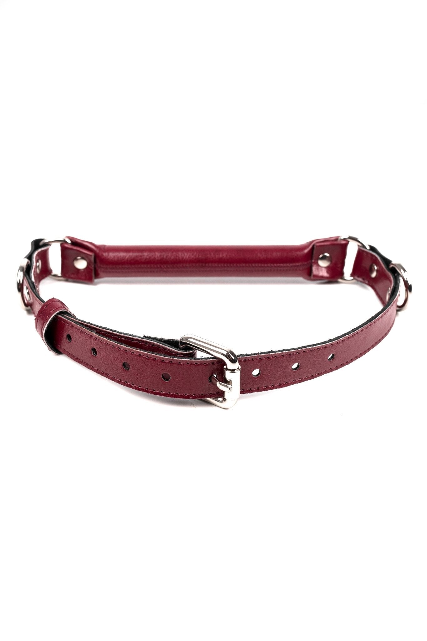 Vegan Leather Bridle Gag with removable chain leash. Burgundy - Elinlatex