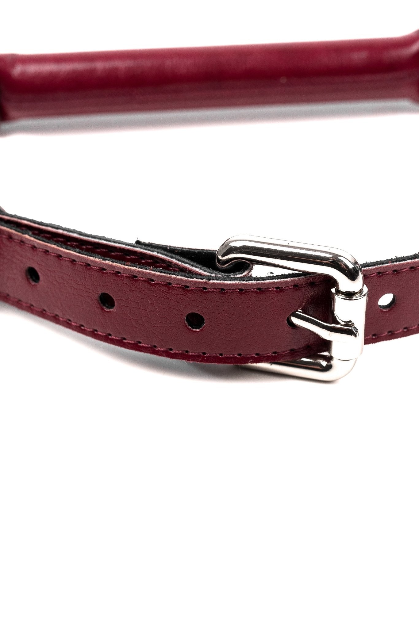 Vegan Leather Bridle mouth restraint with removable chain leash. Burgundy - Elinlatex